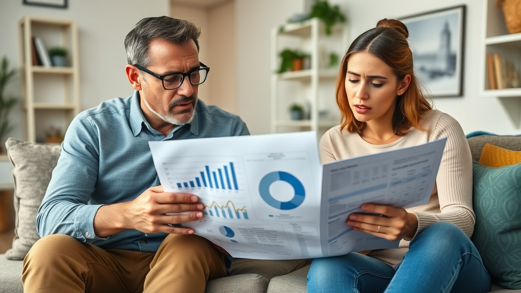 American family concerned about retirement savings, reviewing financial statements in the living room with charts and graphs - retirement savings strategies infographic