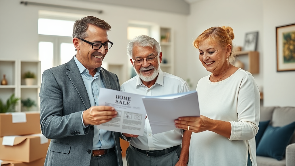 cheerful real estate agent with retiree couple reviewing home sale paperwork, bright living room, financial impact of downsizing