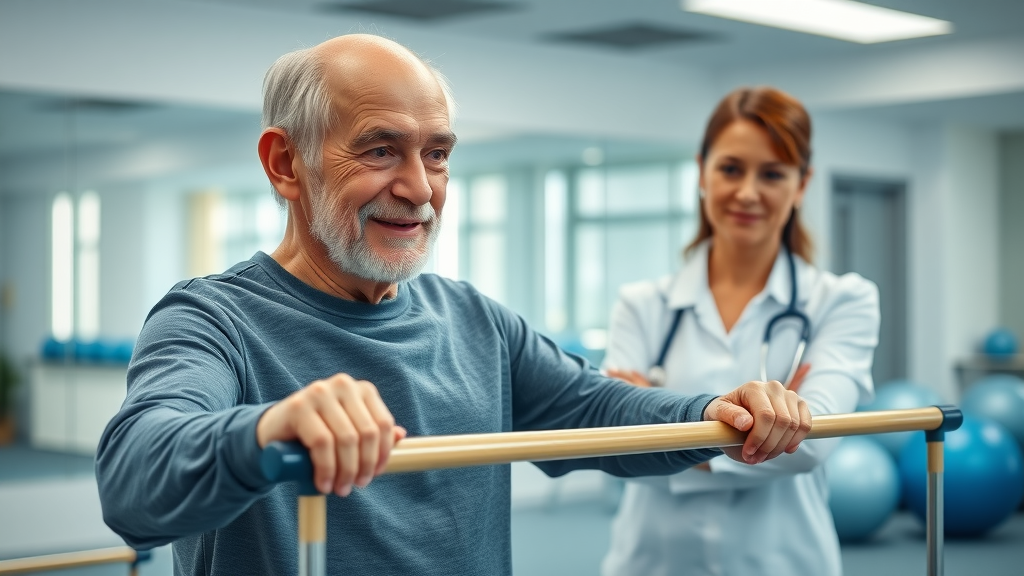 Elderly man with therapist performing balance exercises, specialized programs for seniors with health conditions