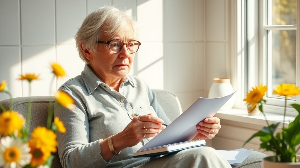 Retiree uses calculator and notebook to plan retirement income sources and monthly budget.