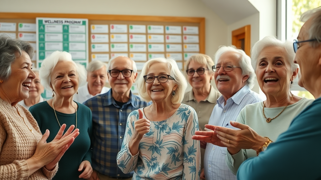 Diverse group of older adults in a sunny community center, embracing clarity, confidence, and community for retirement wellness tips