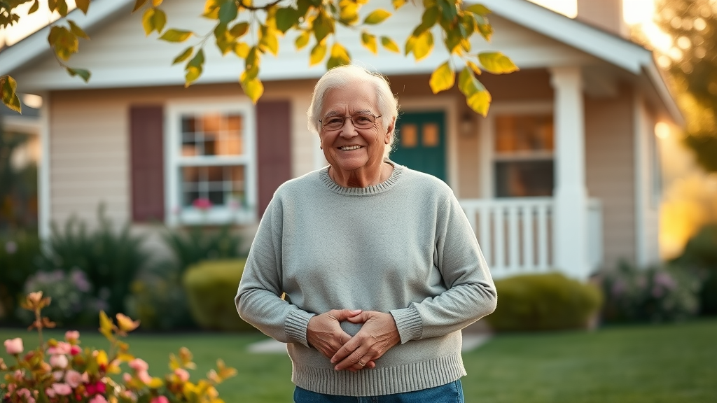senior couple smiling contentedly in front of a smaller home, demonstrating how to downsize your home for retirement