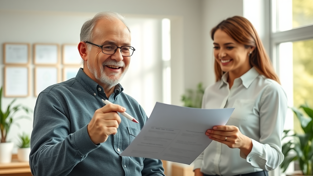 Confident retired man advising a younger couple in a professional office, financial advisor part-time work for retirees
