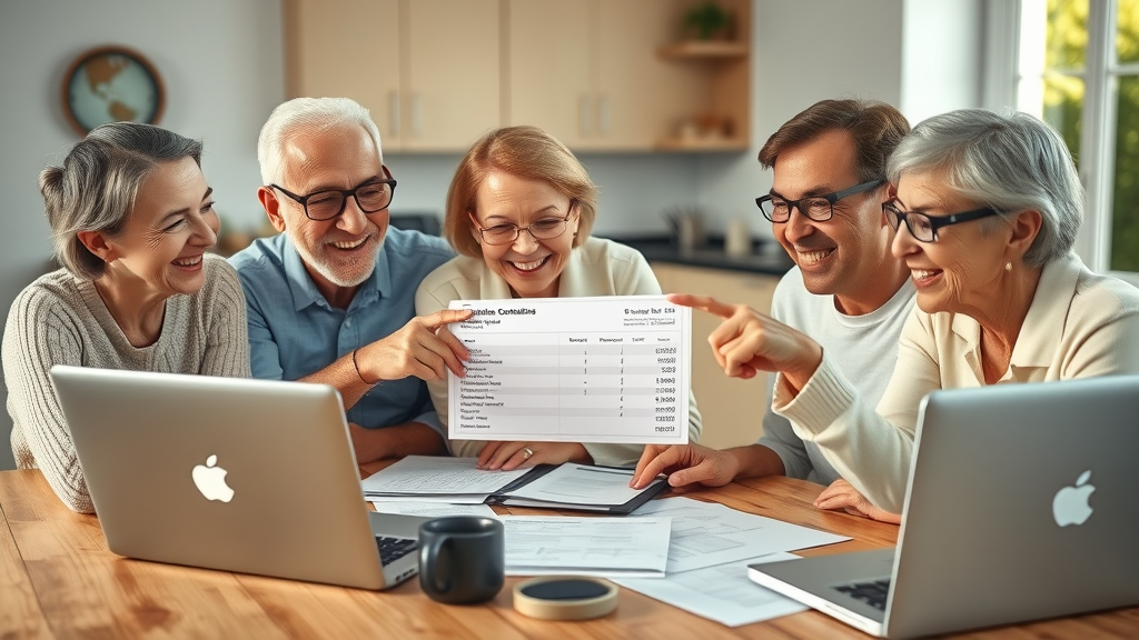 Happy multigenerational family reviewing retirement contributions statement, celebrating successful retirement savings strategies