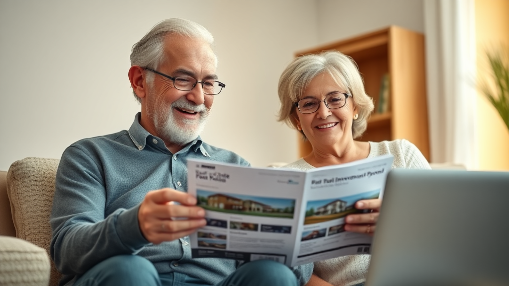 Elderly couple reviewing real estate investment portfolio paperwork together, real estate in retirement