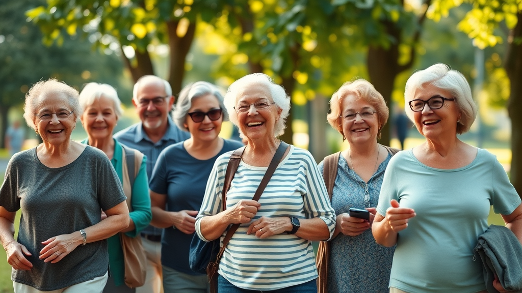 Vibrant group of older adults staying active and healthy on a sunny walk in the park – retirement wellness tips