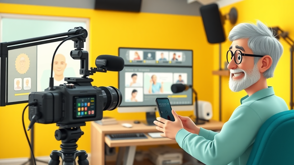active seniors creating online content for passive income after retirement, filming educational videos in digital studio