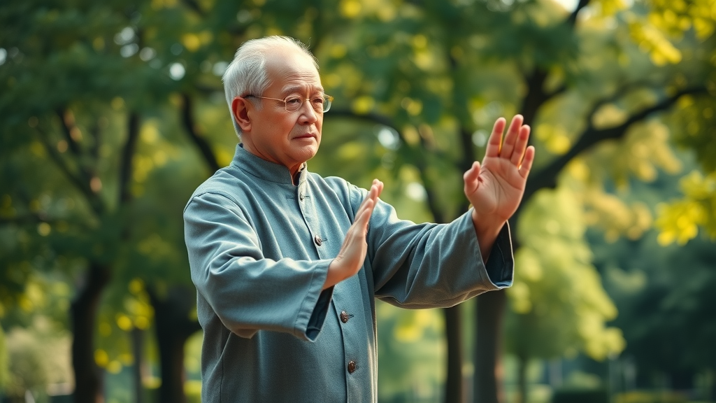 confident elderly man performing tai chi in a park – balance exercises for older adults
