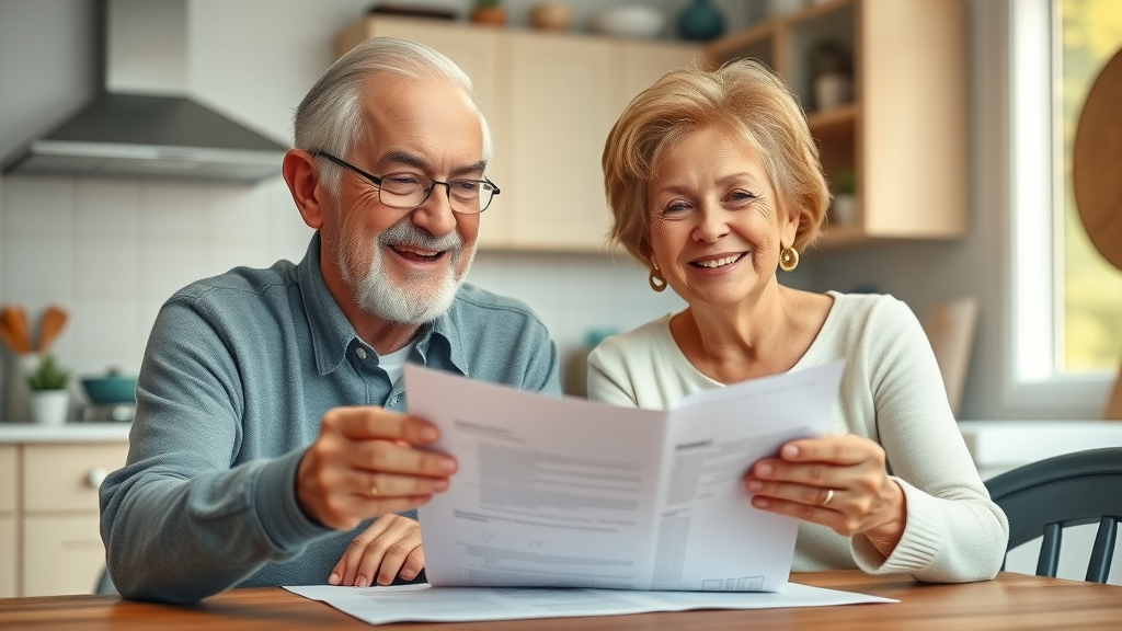 Retirement financial planning inspiring elderly couple confidently reviewing retirement documents together