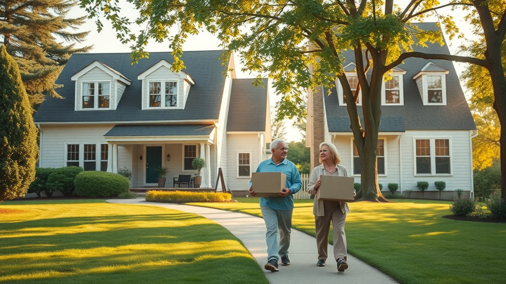 downsizing for retirement elderly couple moving boxes from larger home to smaller home