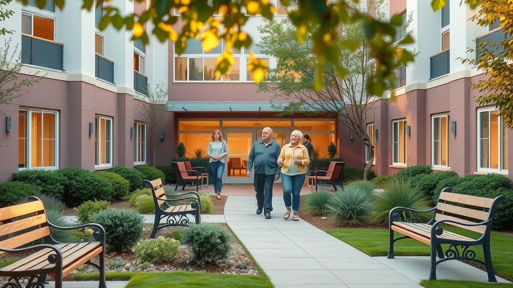 modern senior apartment complex, financial impact of downsizing, retirees entering, landscaped garden and accessible pathways