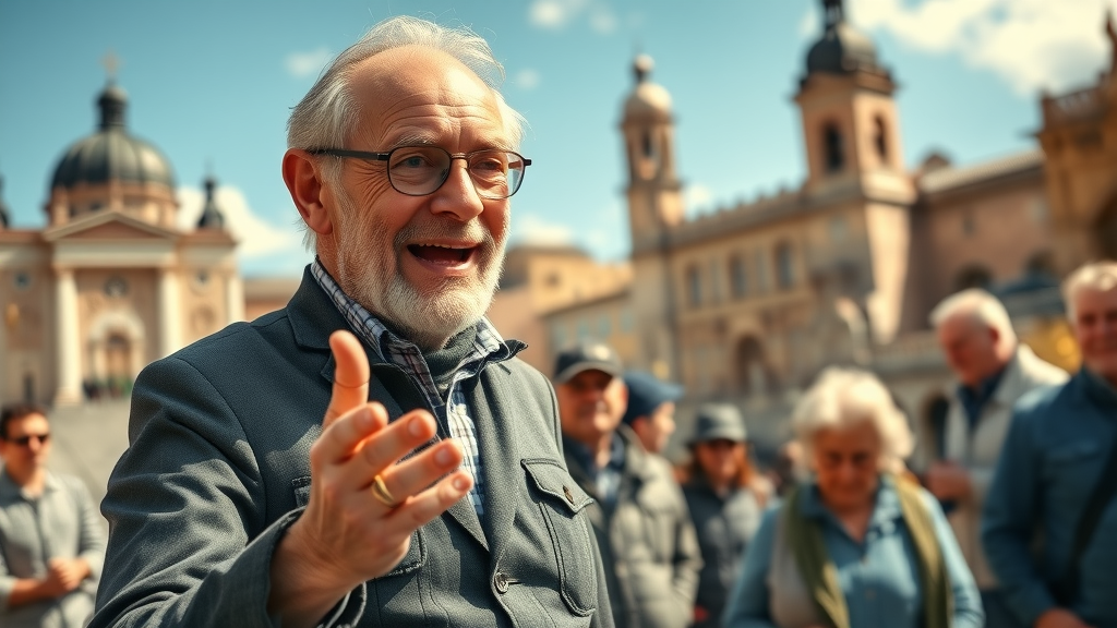 Older man giving a city tour, engaging and informative, highlighting side hustles for retirees like tour guiding