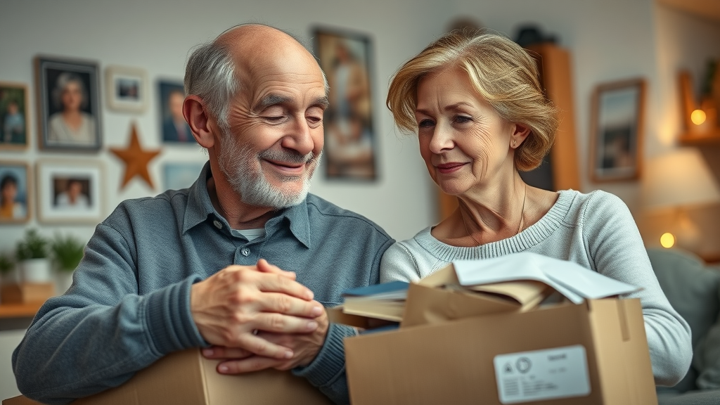 benefits of downsizing in retirement: Reflective senior couple packing belongings with mixed emotions, symbolizing bittersweet transition and new beginnings