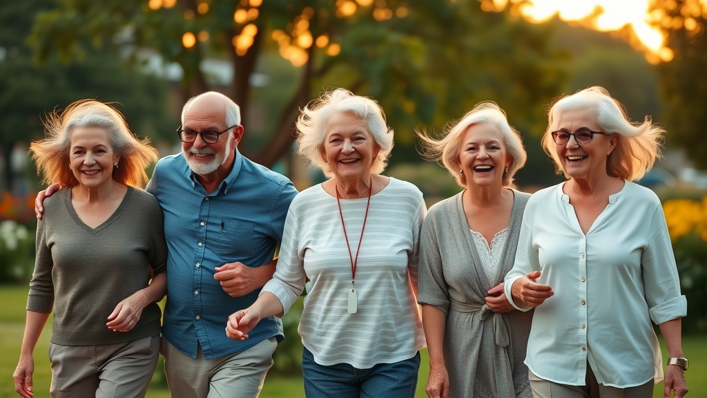 vibrant group of older adults practicing active aging strategies by walking together in nature during sunrise; joyful, natural expressions and soft golden lighting in lush park setting