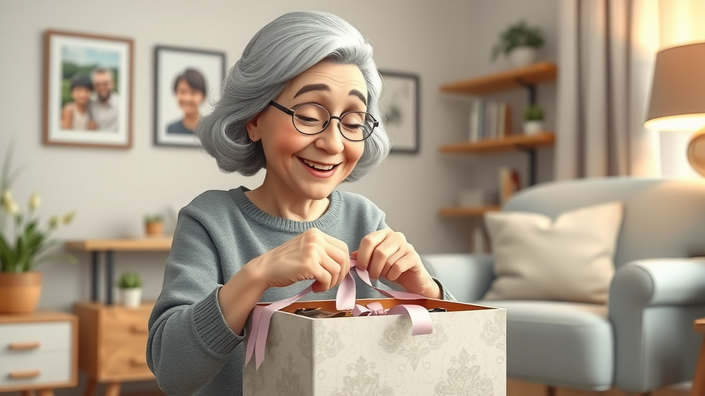 elderly woman celebrating the positive emotional side of downsizing as she arranges mementos in a keepsake box