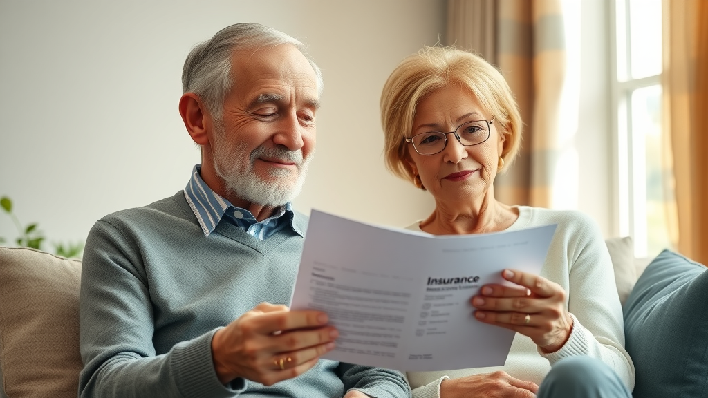 Elegant senior couple reviewing retiree health management insurance papers in a cozy living room with natural morning sunlight. Main keyword: retiree health management.