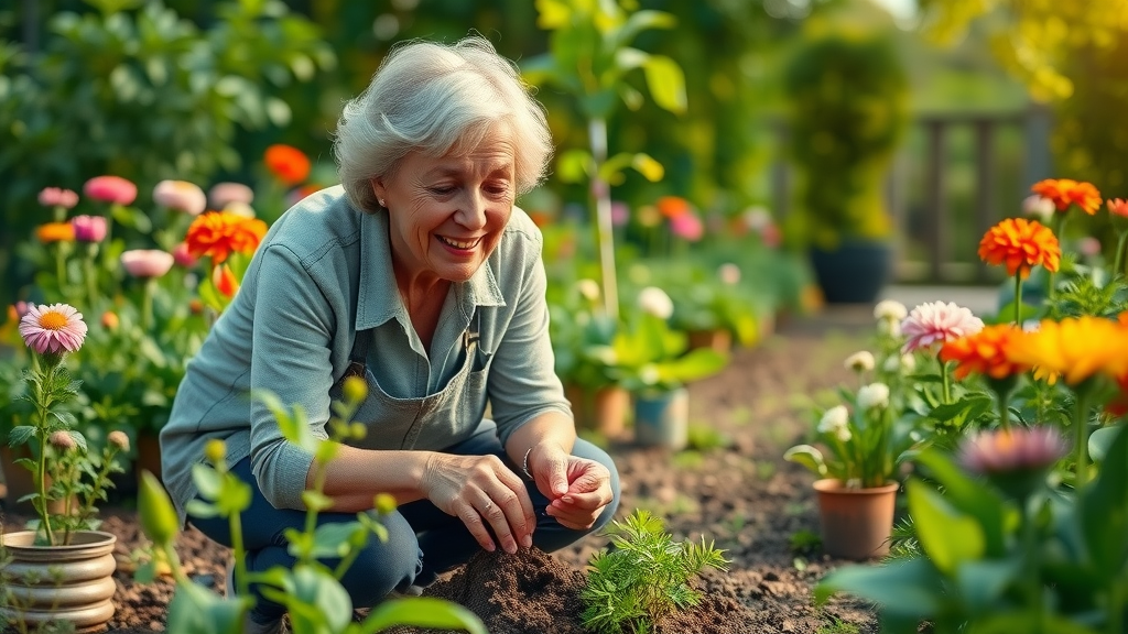 Smiling older woman gardening, planting flowers as a side hustle for retirees to earn extra money during retirement
