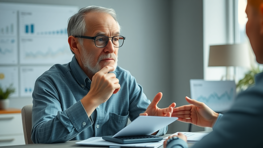 Retiree calculating retirement funds with advisor in New Zealand, property investment and superannuation