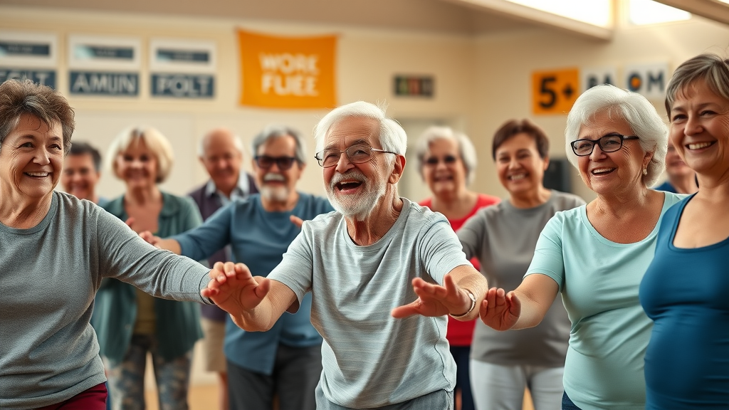diverse group of seniors supporting each other in a group exercise class – social motivation in senior fitness routines
