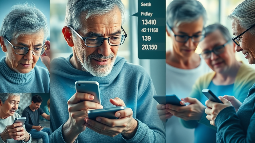 Collage of seniors using fitness apps, tracking exercise benefits, staying motivated and engaged in physical activity