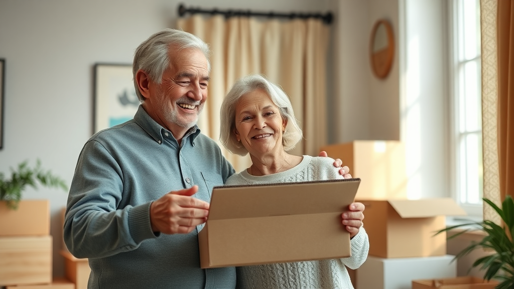downsizing checklist for retirees elderly couple happy moving boxes cozy home interior natural light