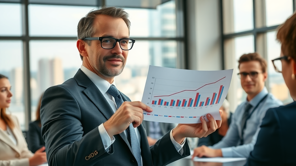 Real estate advisor presenting rental property growth charts, maximizing rental income in retirement