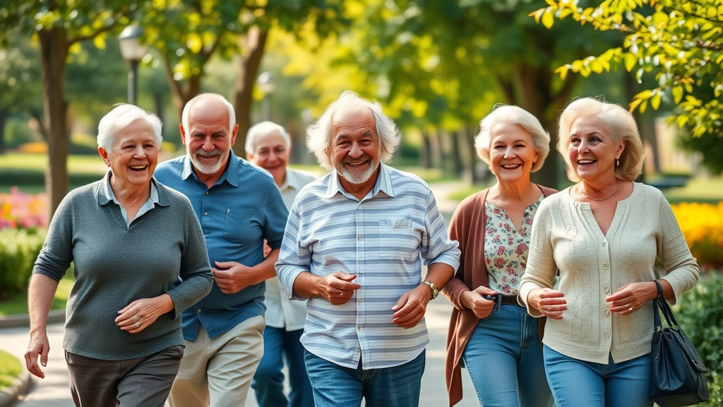 healthy lifestyle for retirees group active outdoor stroll sun dappled park