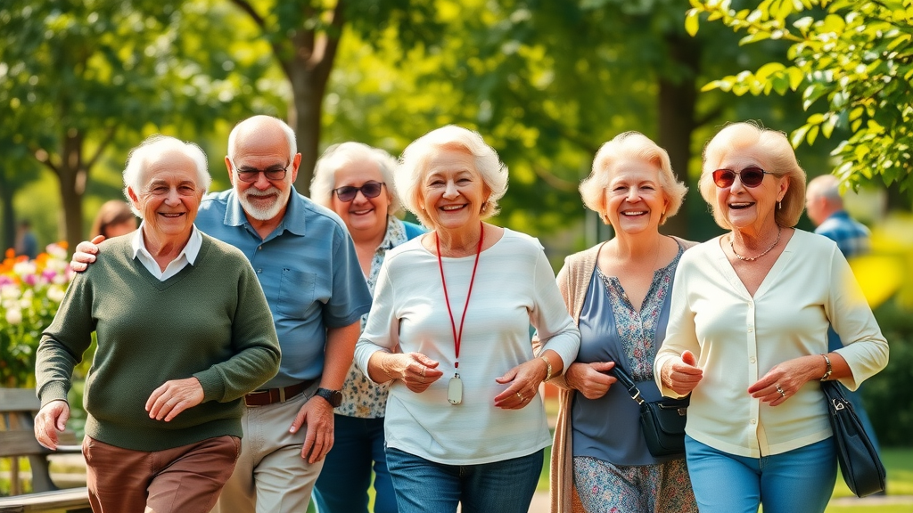 Vibrant group of diverse retirees, smiling warmly, walking together in a sunlit park—healthy habits after retirement