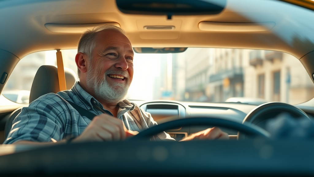Retired man driving a car for ride-sharing as a retirement side hustle, smiling with a passenger