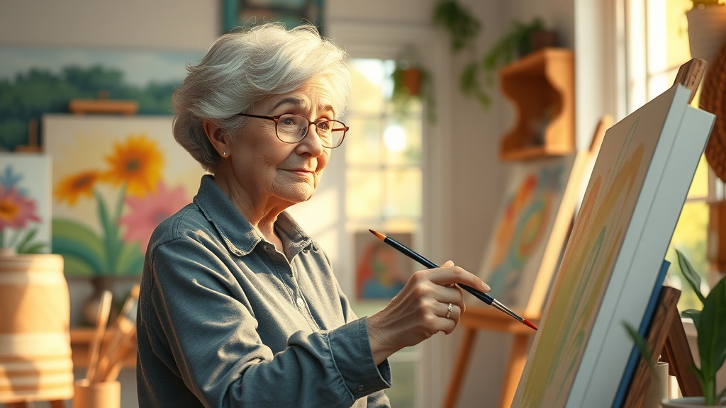 creative retired woman painting in cozy home art studio crafts side hustle post-retirement jobs