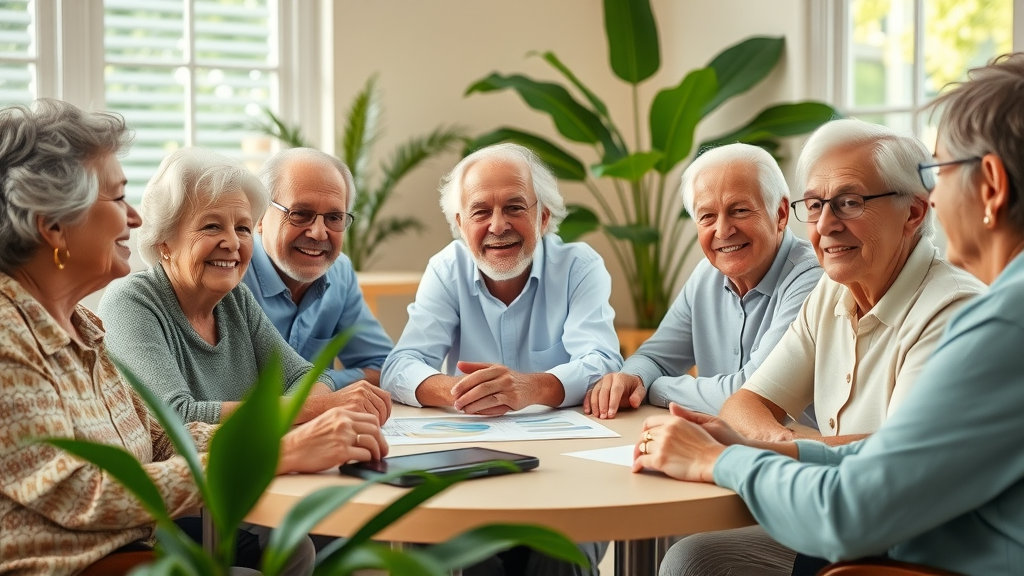 Group of diverse retirees discussing post-retirement health care funding with financial advisor.