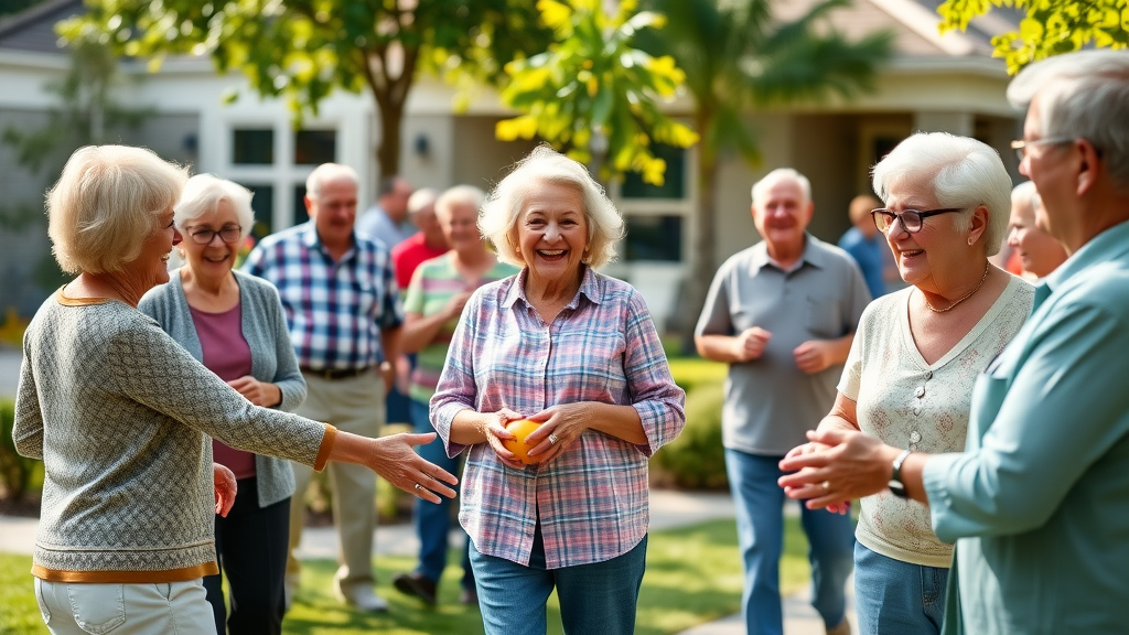 diverse seniors enjoying social events and community games in a vibrant retirement community after relocating for health and support