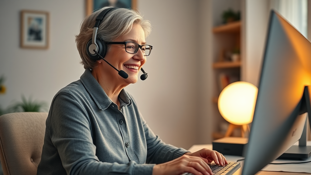 Smiling retired woman using headset in a modern home office, flexible part-time customer service job for retirees