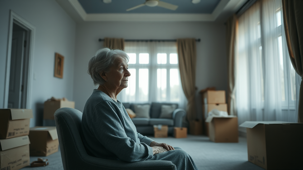 Emotional impact of downsizing in retirement: Solitary retired woman in empty living room with boxes