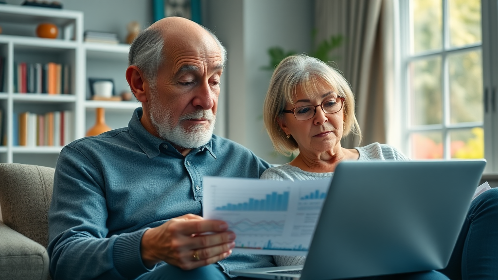 Retired couple analyzing income opportunities after retirement and financial trends on a laptop