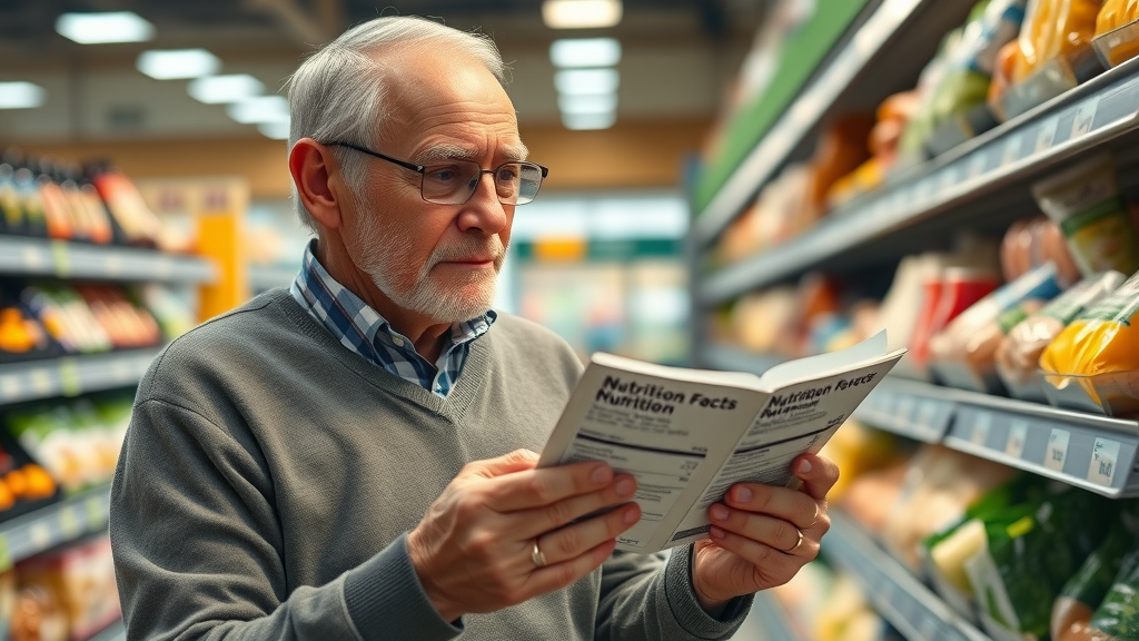 Older adult reading nutrition facts label in grocery aisle, nutrition for older adults, healthy eating choices