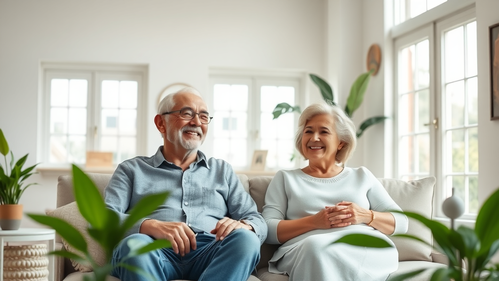 benefits of downsizing in retirement: Bright and inviting living room with minimalist decor, content senior couple smiling, relaxing on a contemporary couch, surrounded by natural light and green houseplants
