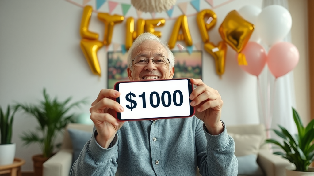 optimistic retiree celebrating reaching $1000 a month in passive income after retirement, holding up smartphone
