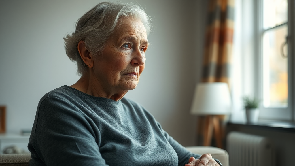 Somber elderly woman reflecting at window, mental health in retirement, bright living room, soft sunlight