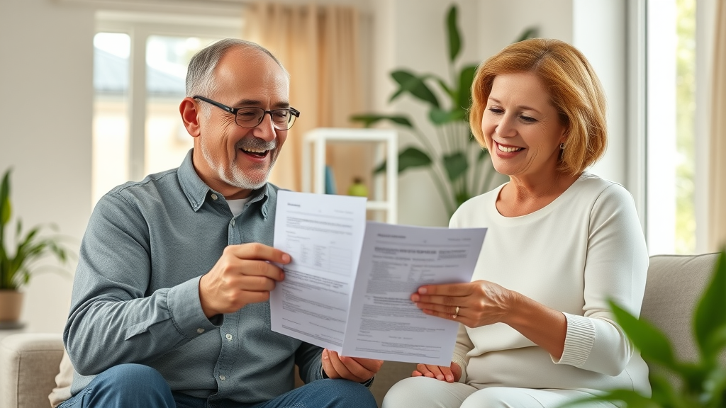 Content senior couple receiving rental income from real estate investment, bright living room
