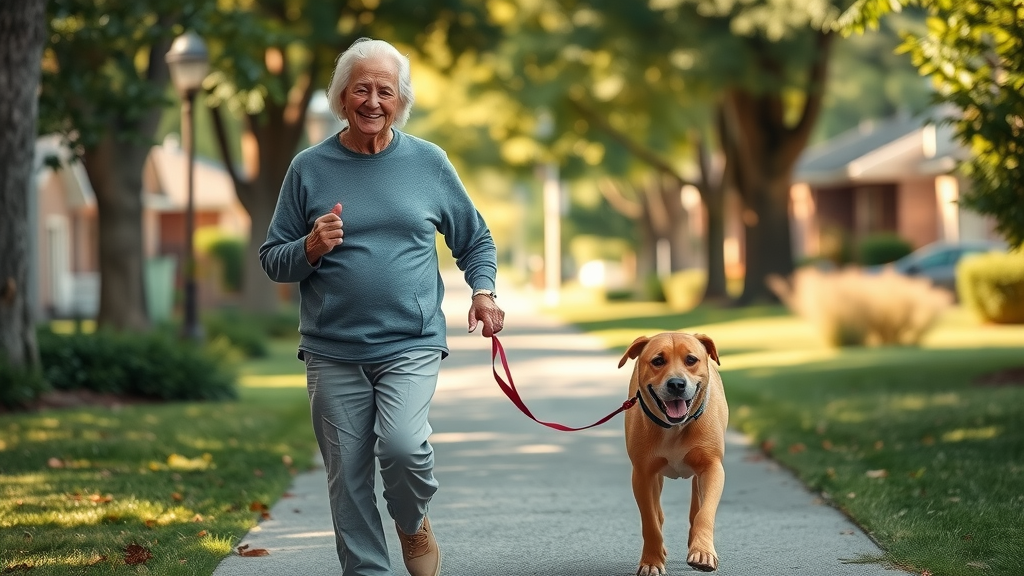 Active senior dog walking in a leafy suburban neighborhood, flexible part-time work for retirees