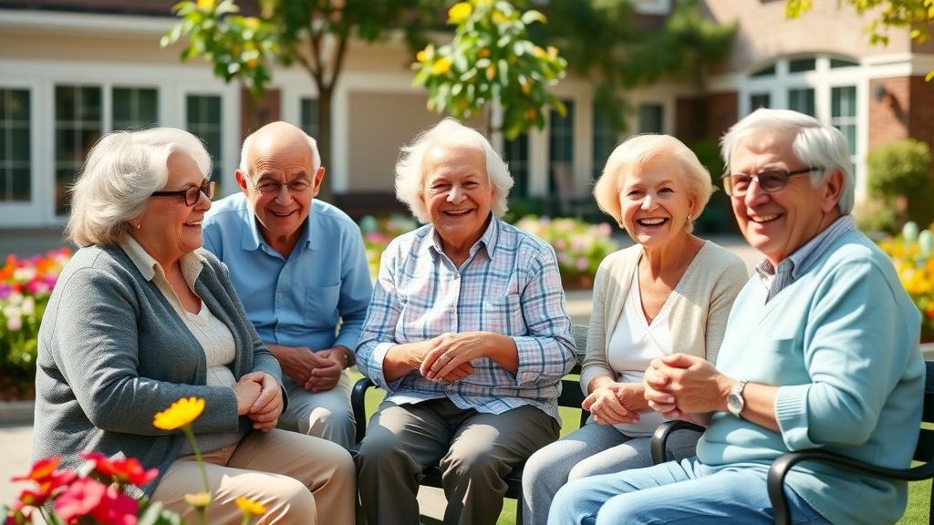 benefits of downsizing in retirement: Friendly group of retirees socializing in a garden courtyard of a retirement community, radiating warmth and connection