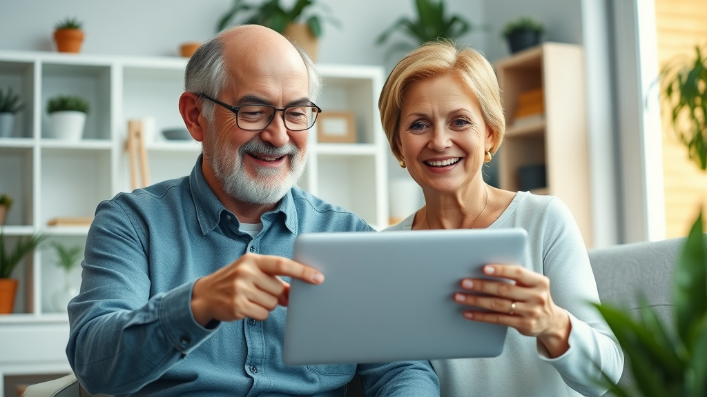 benefits of downsizing in retirement: Optimistic senior couple reviewing home options on a laptop in a bright, organized home office, representing planning and hope