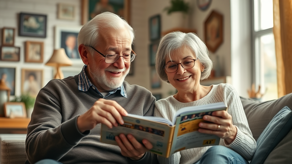heartwarming elderly couple reviewing cherished belongings downsizing strategies for seniors, cozy living room, personal memorabilia, natural light, soft earth tones