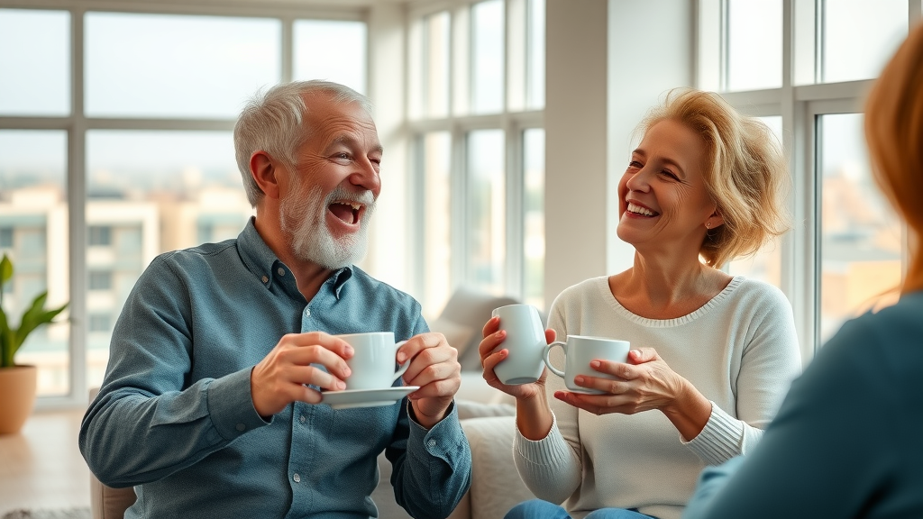 joyful senior couple celebrating the benefits of downsizing with friends in their new apartment