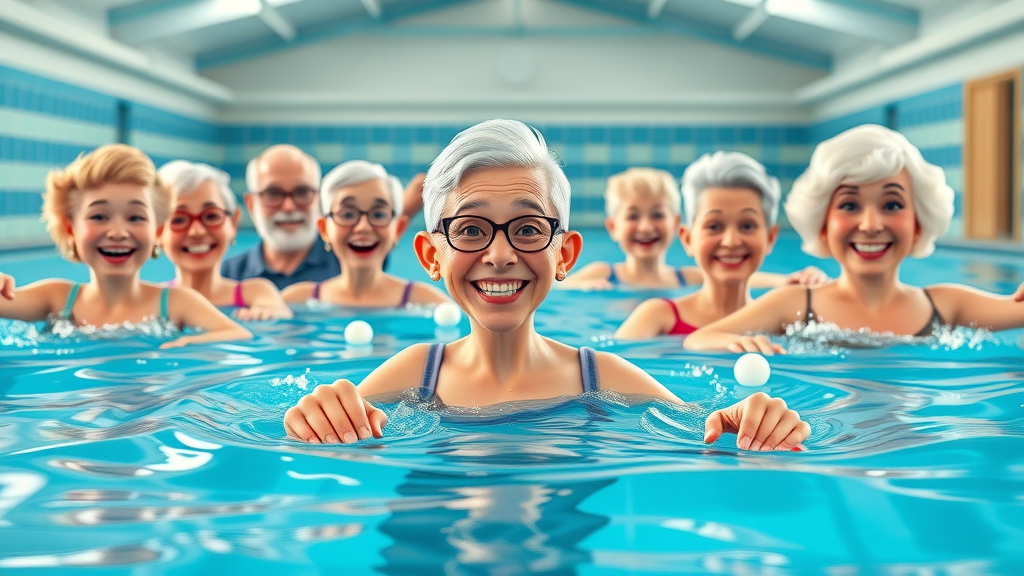 Cheerful senior group having fun in water aerobics class, motivation and engagement in exercise for seniors