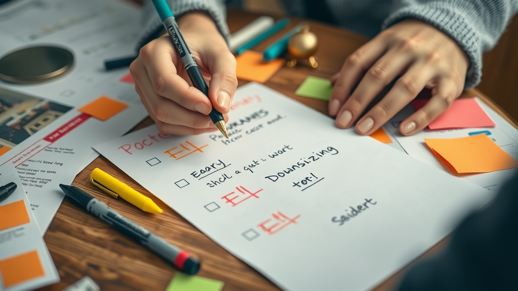 handwritten downsizing checklist for seniors, colorful sticky notes, markers, energetic planning for moving, vibrant tabletop scene