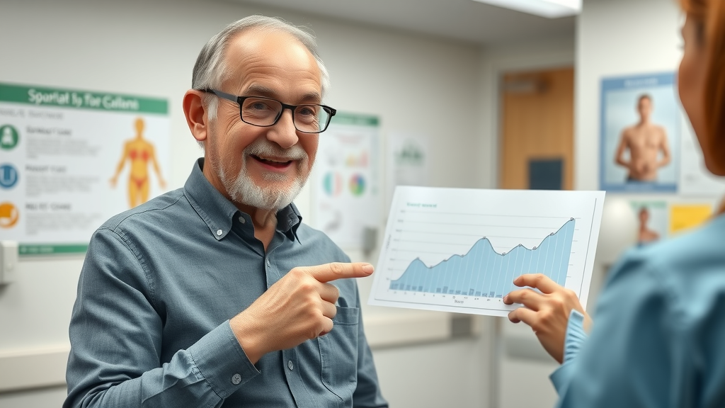 proud older adult man reviewing an active aging progress chart with a healthcare professional in a supportive clinic setting
