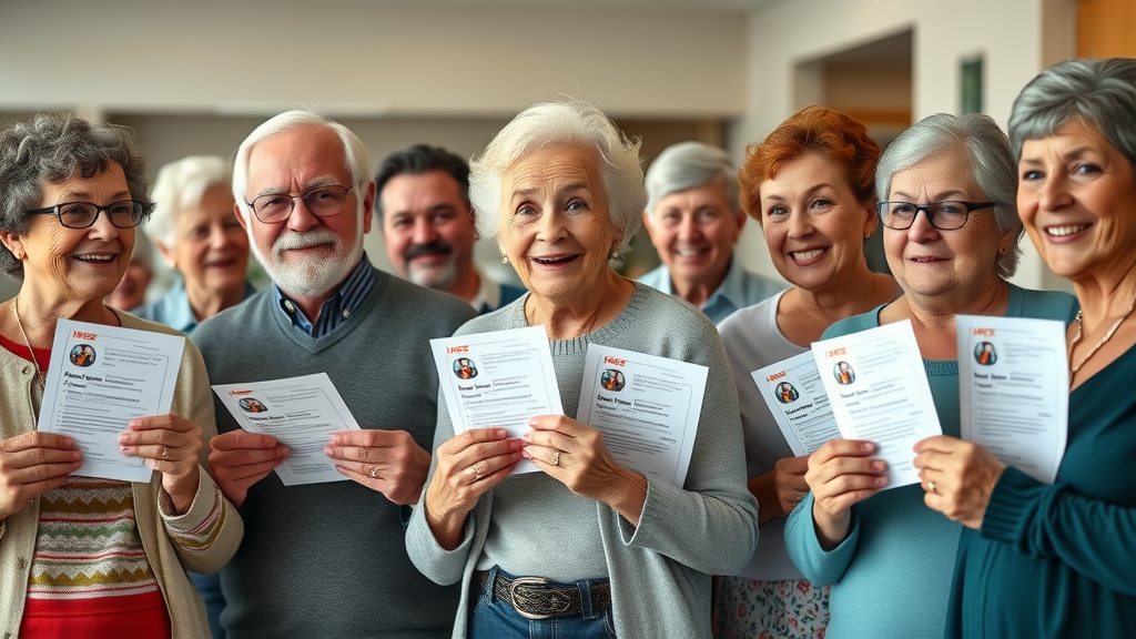 Diverse retirees holding FAQ cards at a community center, discussing part-time job options