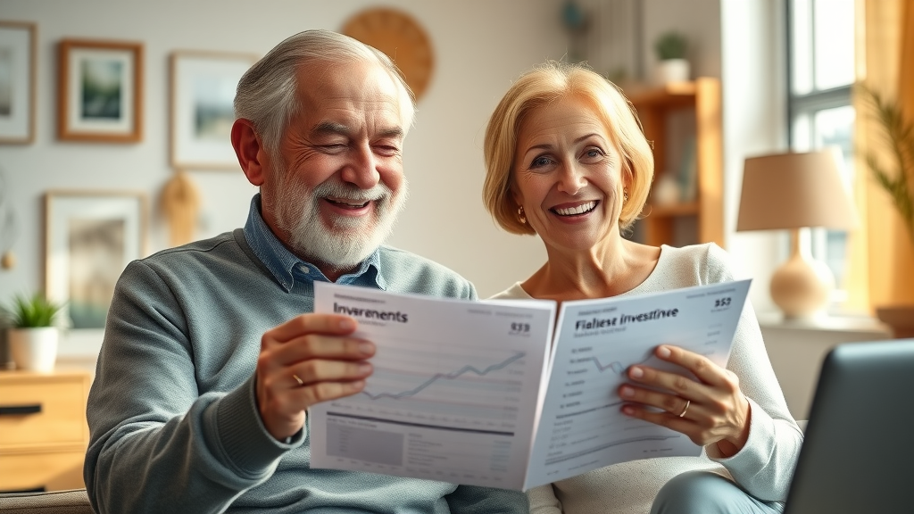 cheerful retired couple examining finances and reviewing passive income after retirement investments, cozy home office